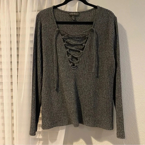 Forever 21 Gray Lace-Up Ribbed Sweater - Picture 1 of 3